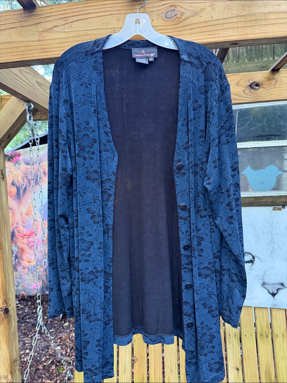 Carole Little Blue Floral Knit Cardigan Blazer plus size 1X dark navy vintage